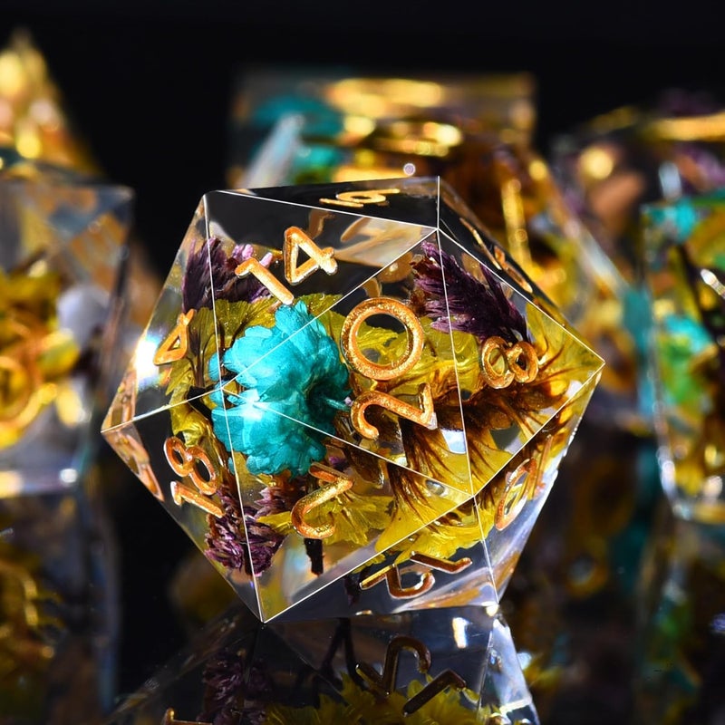 AUSTOR 7-Die DND Dice Set Handmade Sharp Edge Dice Resin Polyhedral Dice for Dungeons and Dragons RPG MTG Table Games（Yellow & Violet Glenflower） - Image 5